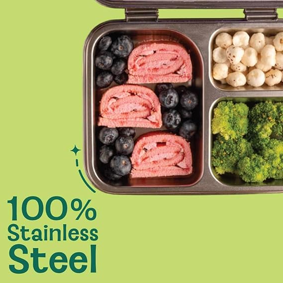 Basil Bento Box – 900 ml 3-Compartment Stainless Steel Lunch Box for Kids | Leak-Proof Tiffin for School