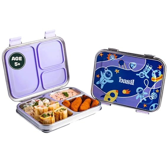 Basil Bento Box – 900 ml 3-Compartment Stainless Steel Lunch Box for Kids | Leak-Proof Tiffin for School