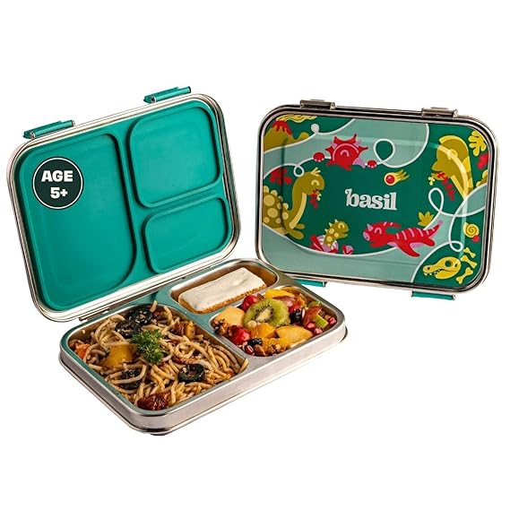 Basil Bento Box – 900 ml 3-Compartment Stainless Steel Lunch Box for Kids | Leak-Proof Tiffin for School
