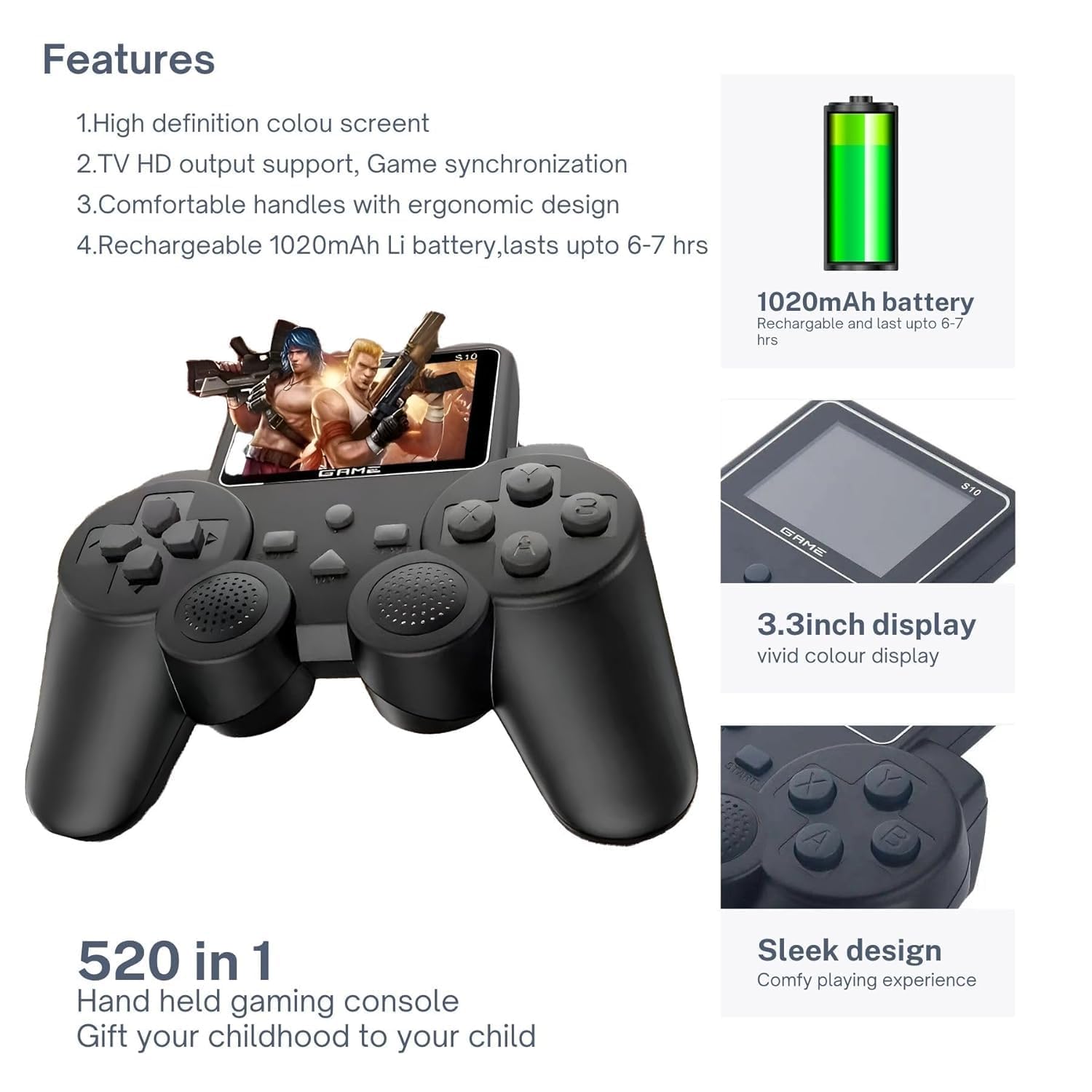 Video Games for Kids 500 in 1 Controller Gamepad Video Game, Retro Gaming Console, Gameboy Age 7, Digital Game Player, Pocket Gamer, Handheld Gaming Console