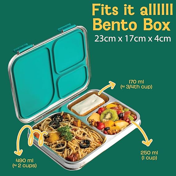 Basil Bento Box – 900 ml 3-Compartment Stainless Steel Lunch Box for Kids | Leak-Proof Tiffin for School