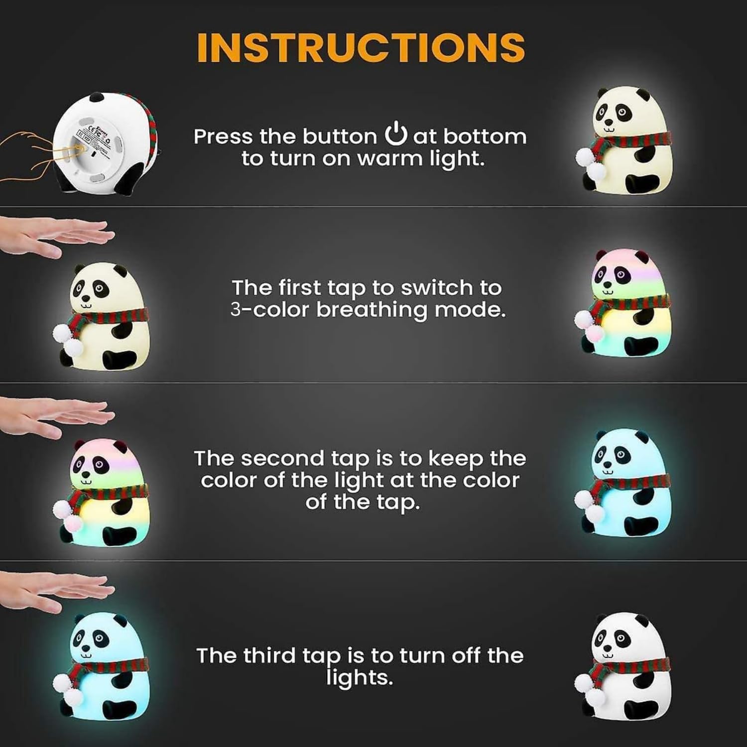 Panda Light Night lamp, Night Light for Bedroom, Night Lamp for Kids, Birthday Gift for Kids, Silicone Rechargeable Lamps with Charging Plug, Diwali Gifts for Family & Friends, (Multicolor)