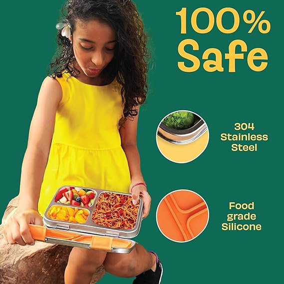 Basil Bento Box – 900 ml 3-Compartment Stainless Steel Lunch Box for Kids | Leak-Proof Tiffin for School