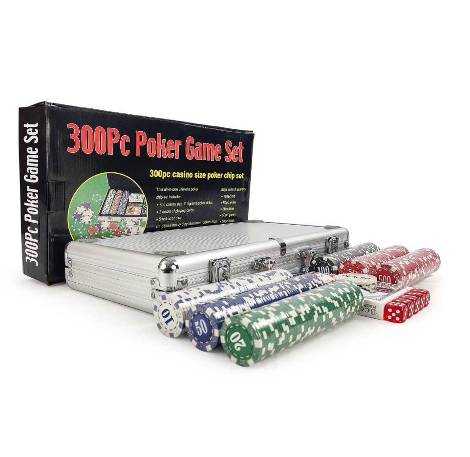300 Chips/Pcs Poker Chips Set with A Aluminum Finish Case, 2 Decks of Cards, 5 Dice, 1 Dealer Button