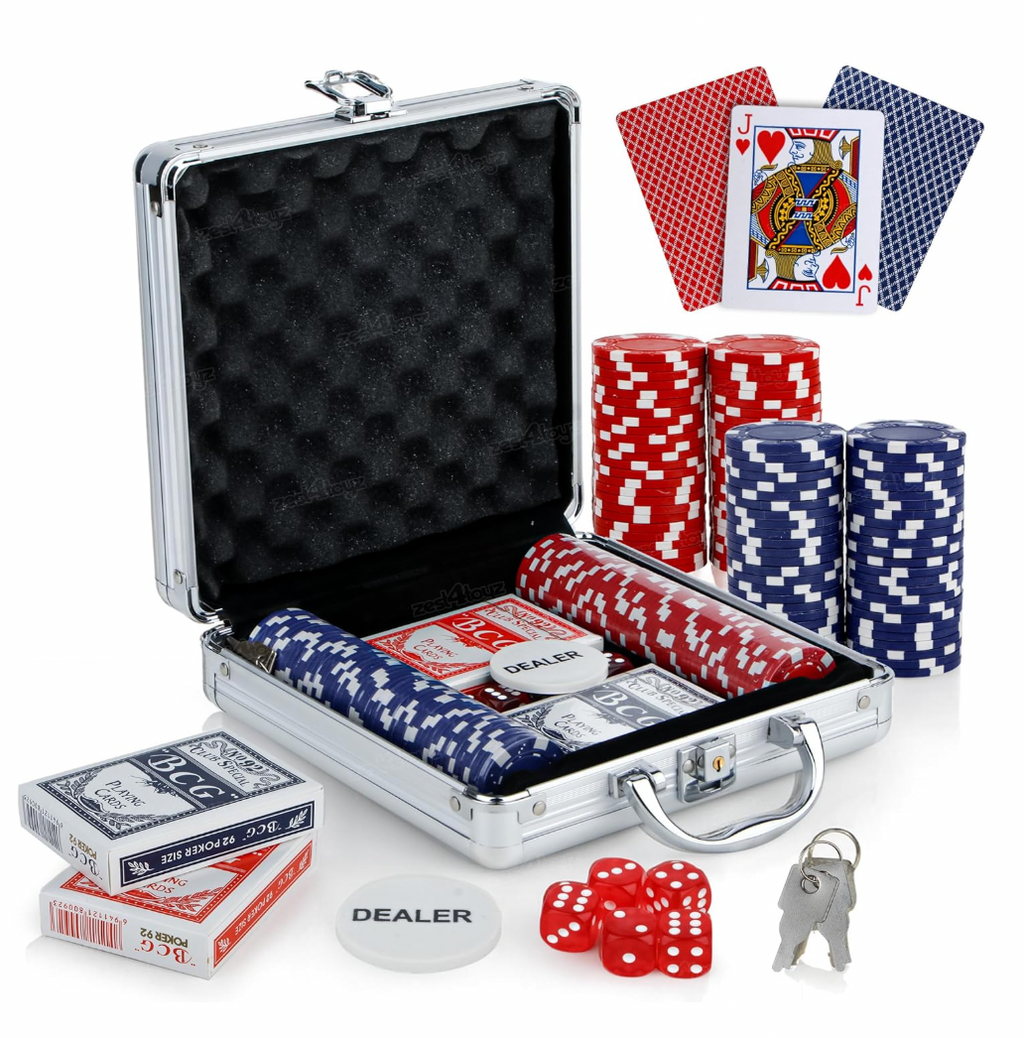 Poker Chips Set with Poker Briefcase 2 Decks of Cards Dealer Button Dice Professional Poker Set 100 Pc Casino Style Playing Cards Poker Game Set