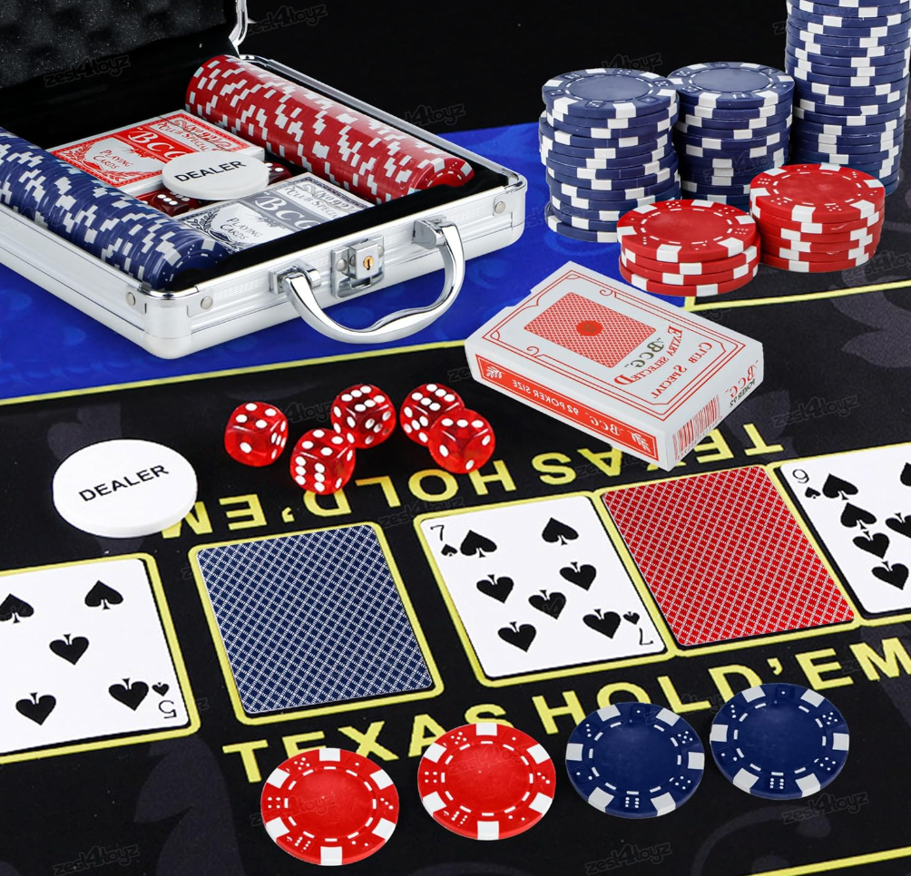 Poker Chips Set with Poker Briefcase 2 Decks of Cards Dealer Button Dice Professional Poker Set 100 Pc Casino Style Playing Cards Poker Game Set