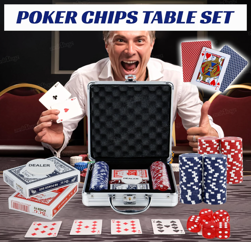 Poker Chips Set with Poker Briefcase 2 Decks of Cards Dealer Button Dice Professional Poker Set 100 Pc Casino Style Playing Cards Poker Game Set