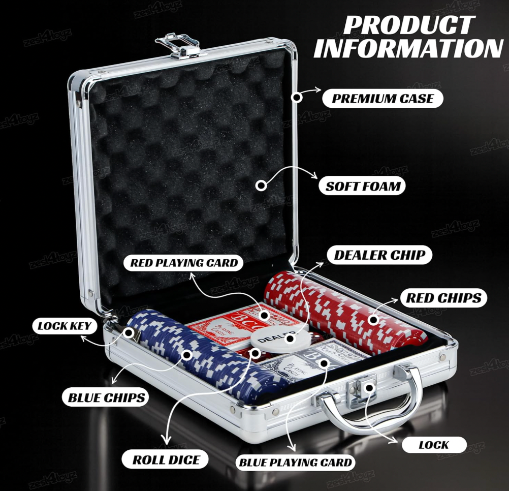 Poker Chips Set with Poker Briefcase 2 Decks of Cards Dealer Button Dice Professional Poker Set 100 Pc Casino Style Playing Cards Poker Game Set