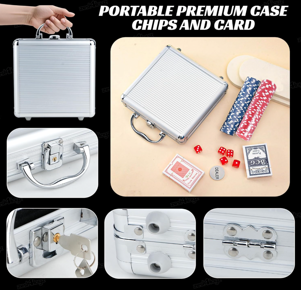 Poker Chips Set with Poker Briefcase 2 Decks of Cards Dealer Button Dice Professional Poker Set 100 Pc Casino Style Playing Cards Poker Game Set