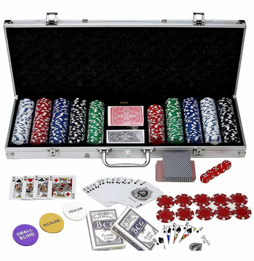 500 Chips/Pcs Poker Chips Set with Aluminum Finish Case, 2 Decks of Cards, 5 Dice, 1 Dealer Button